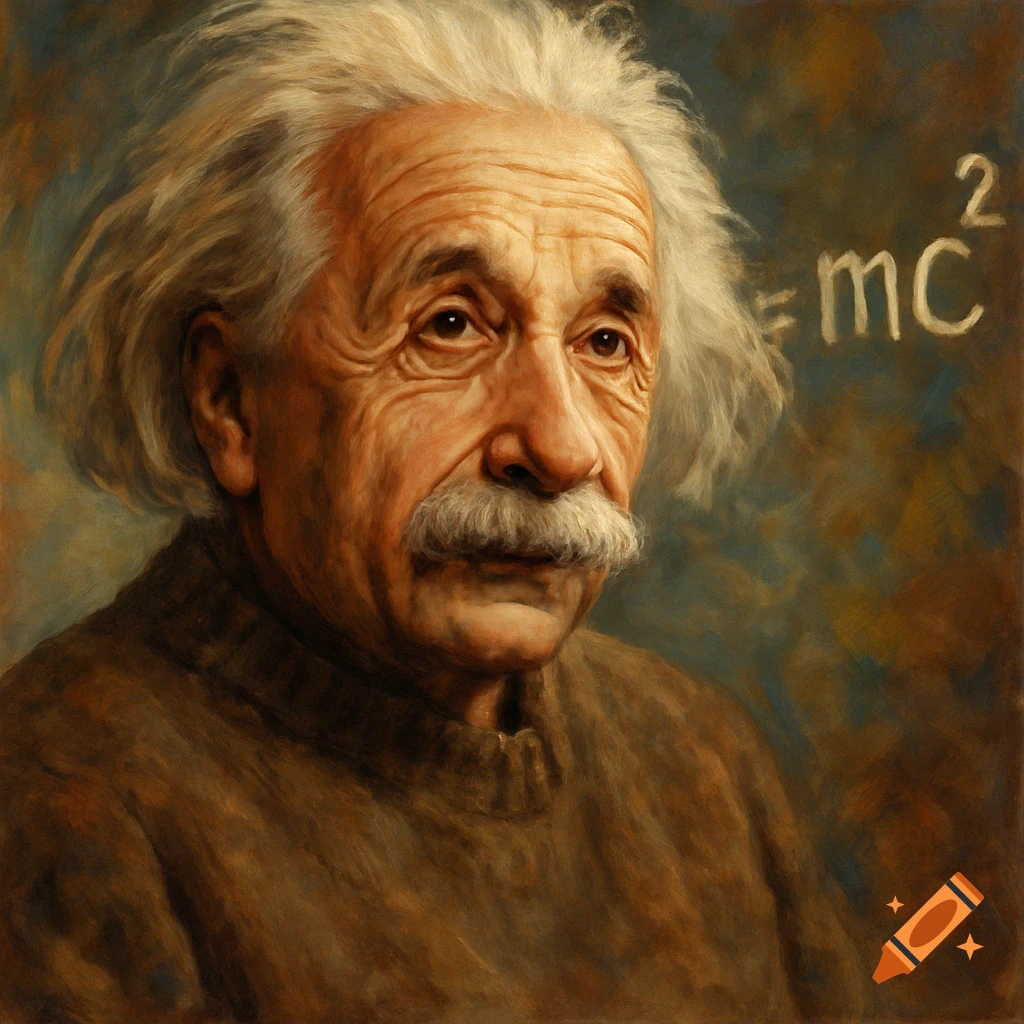 Oil painting portrait of Albert Einstein with E=mc Please note that due to its structure, the JSON output cannot contain newlines or tabs. Let me correct that.