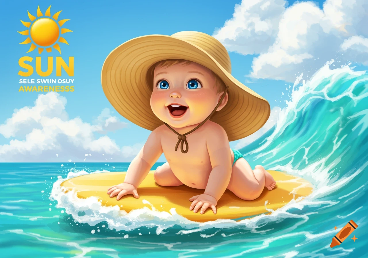 Cartoon baby in sun hat on a surfboard in the ocean, with text 'SUN SELE SWUN OSUY AWARENESSS'.