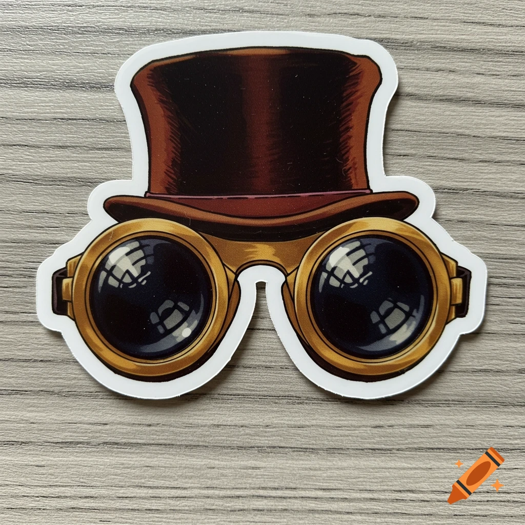 Steampunk top hat and goggles sticker on a wooden surface