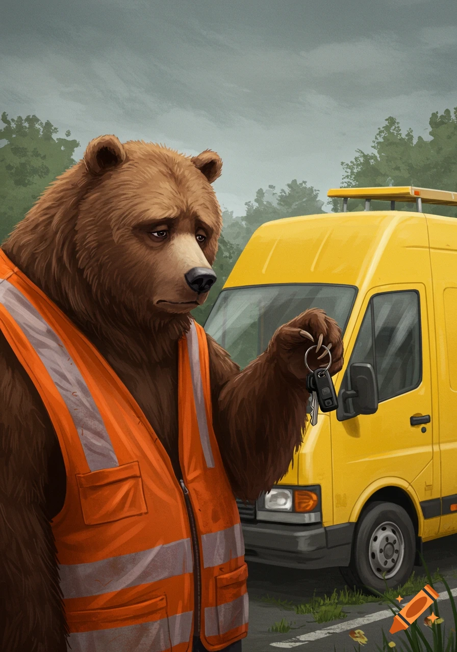 Digital painting of a sad brown bear in an orange safety vest holding car keys next to a yellow van.