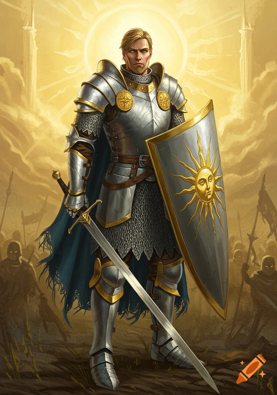 A knight in silver armor and chainmail stands in a golden, sunlit battlefield, holding a shield with a sun emblem and a sword.