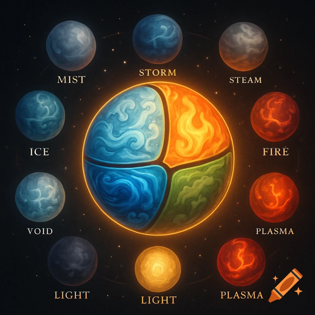 A central glowing sphere with four sections is surrounded by smaller orbiting spheres labeled with elements against a starfield.