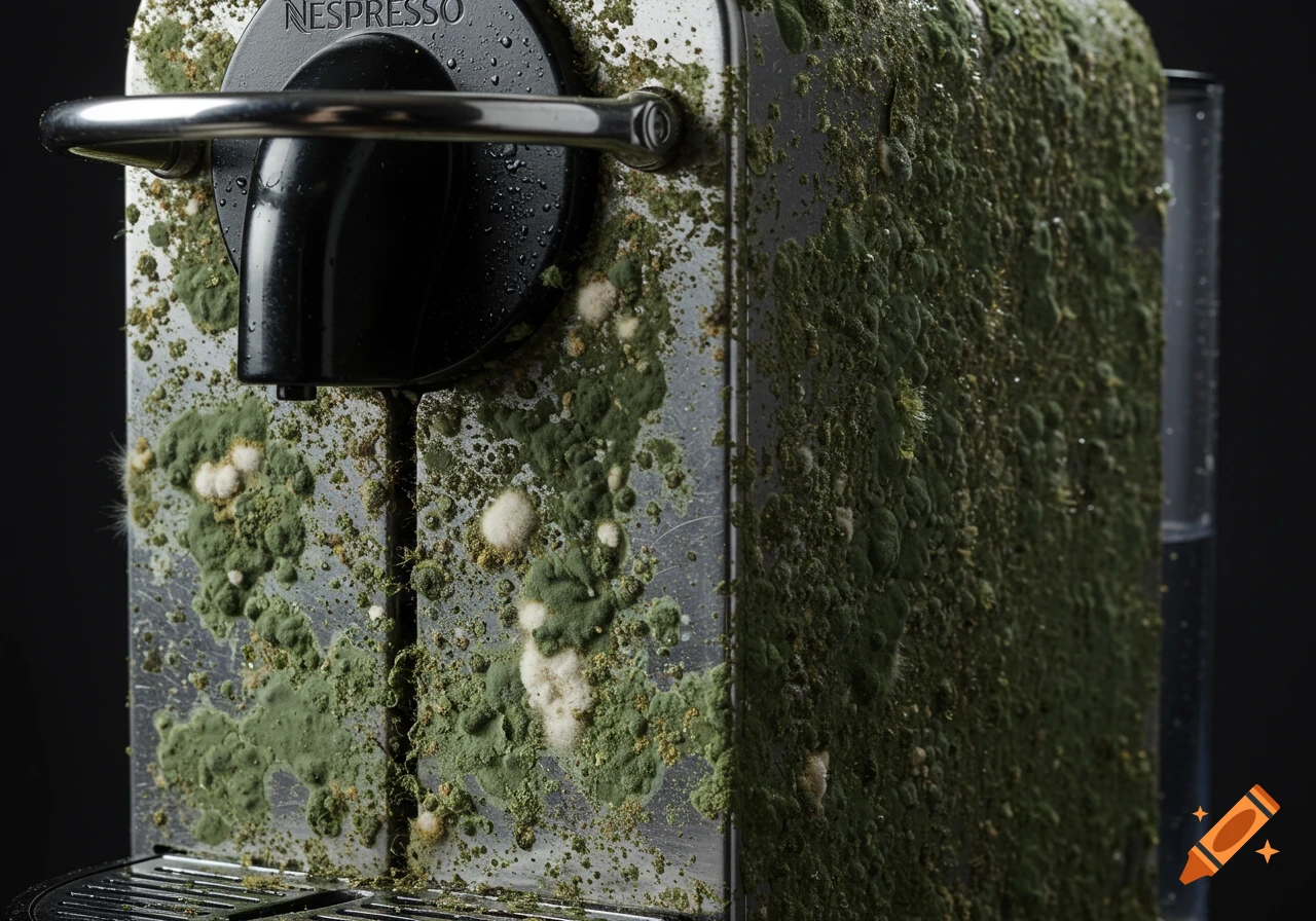 Close-up of a Nespresso coffee machine covered in green and white mold.