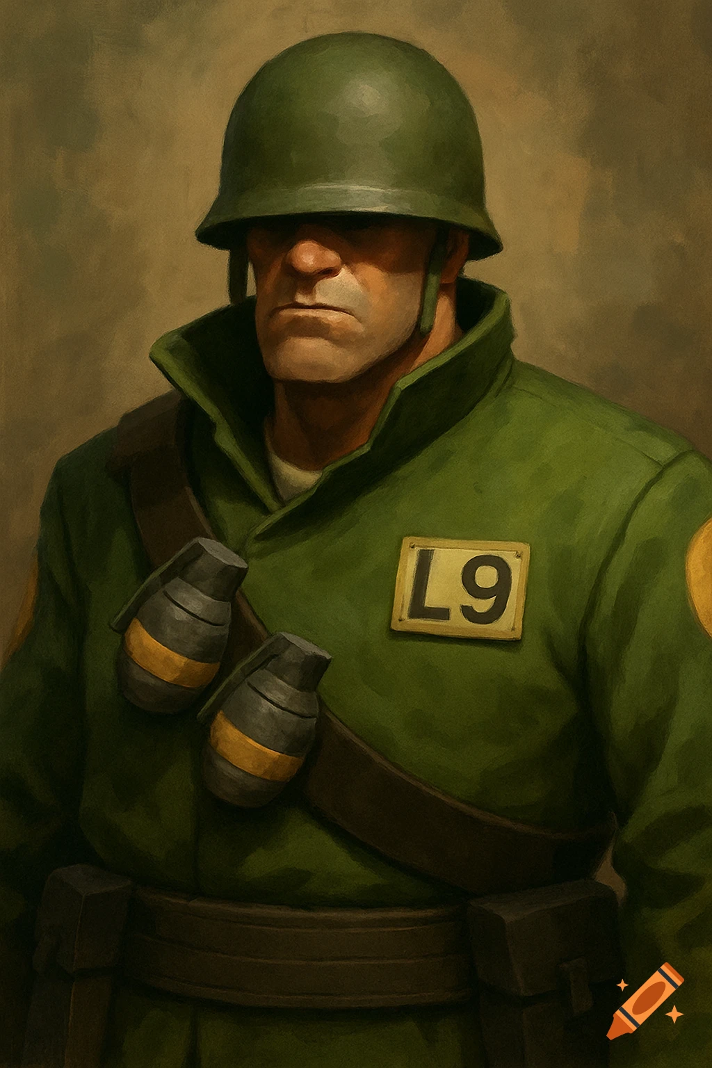 Painted portrait of the TF2 Soldier in green uniform with an L9 badge.
