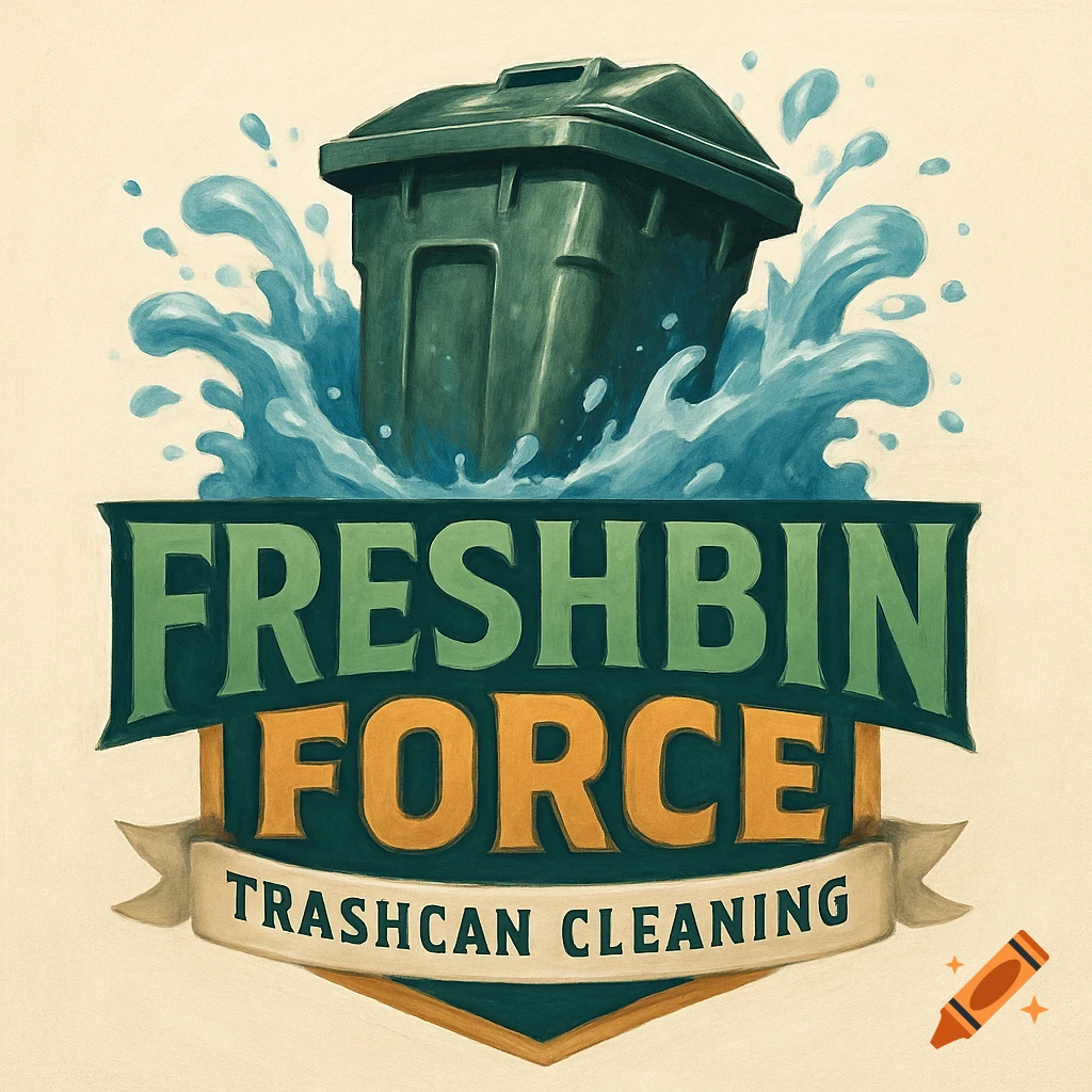 Brand logo for FreshBin Force trashcan cleaning, featuring a trashcan with water splashing behind it and text reading 'FRESHBIN FORCE TRASHCAN CLEANING'.