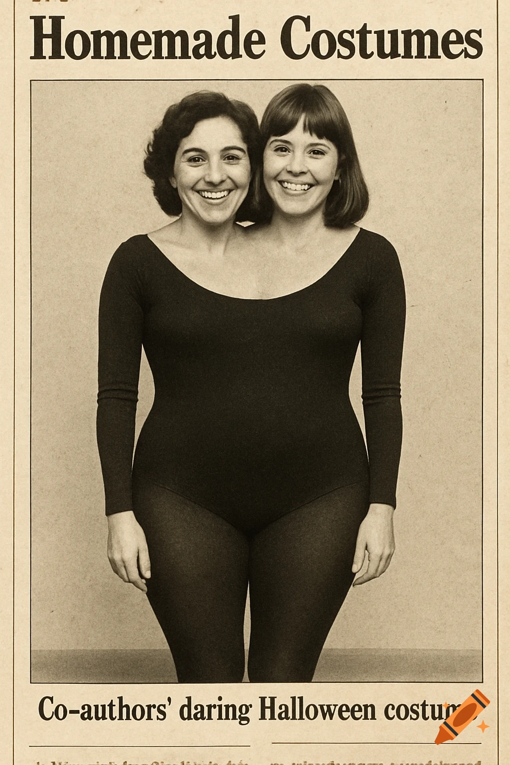An old-fashioned newspaper photo of a two-headed woman in a leotard and tights Halloween costume.