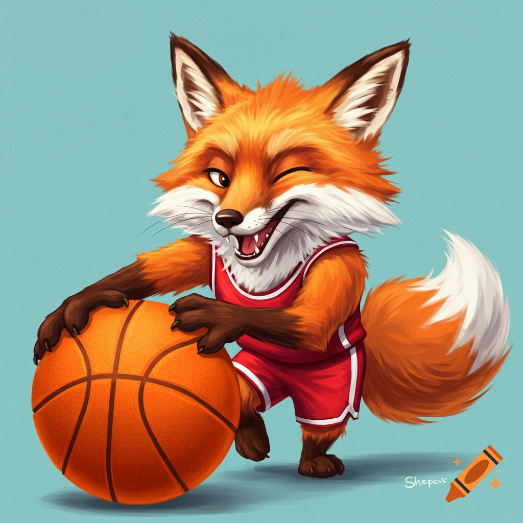 Cartoon illustration of a fox playing basketball.
