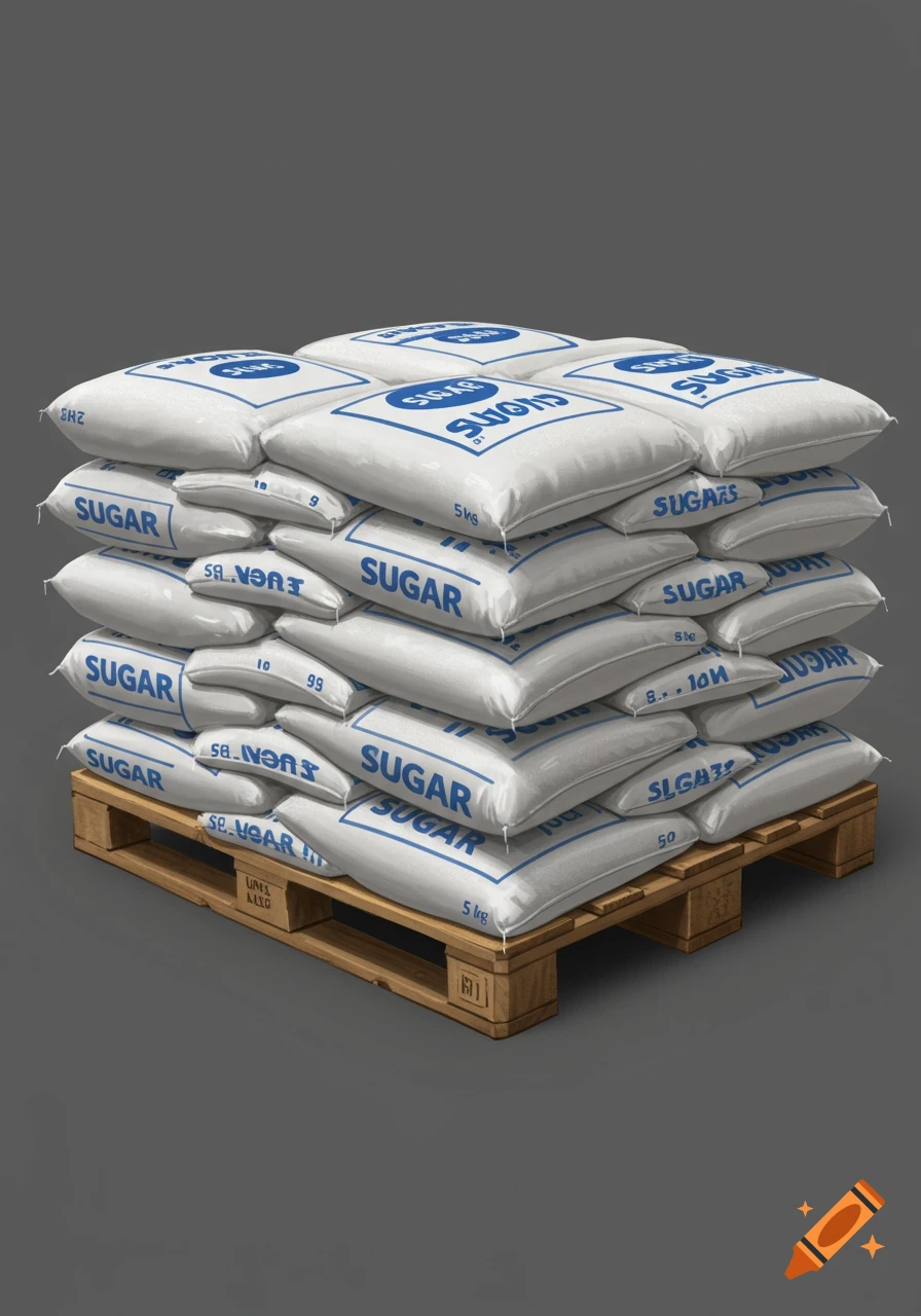 Stack of white sugar bags on a wooden pallet