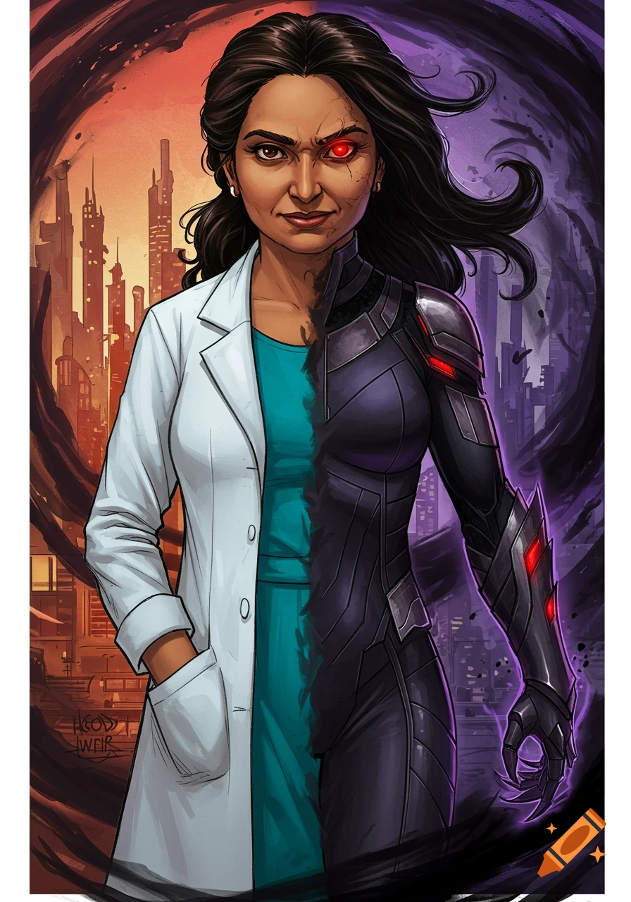 Illustration of a woman split between a doctor and a cyborg villain with a red eye against a city background.
