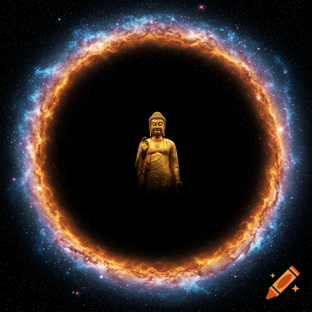 Golden Buddha statue in a cosmic void encircled by a nebula ring