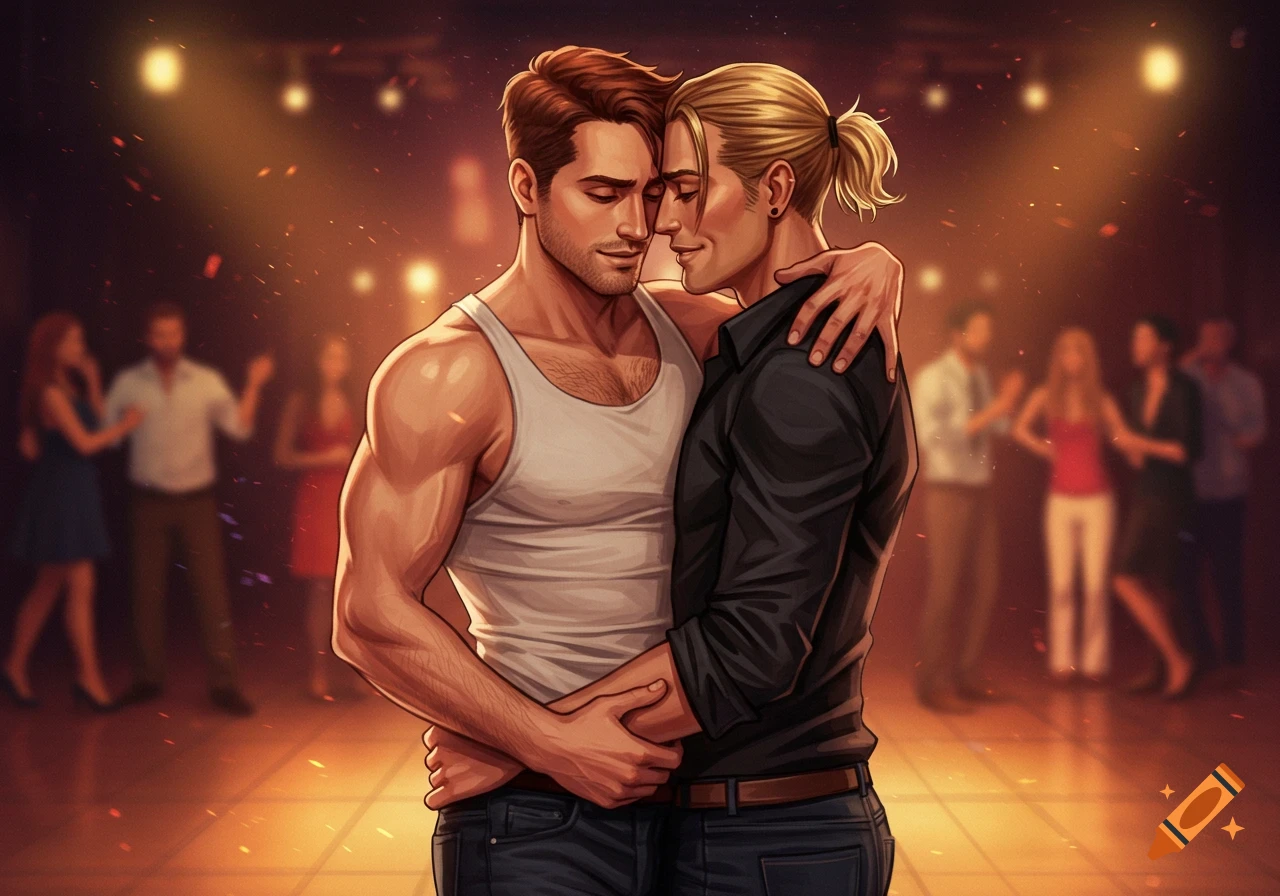 Two men embracing closely while dancing, with blurred figures and lights in the background. Digital illustration style.