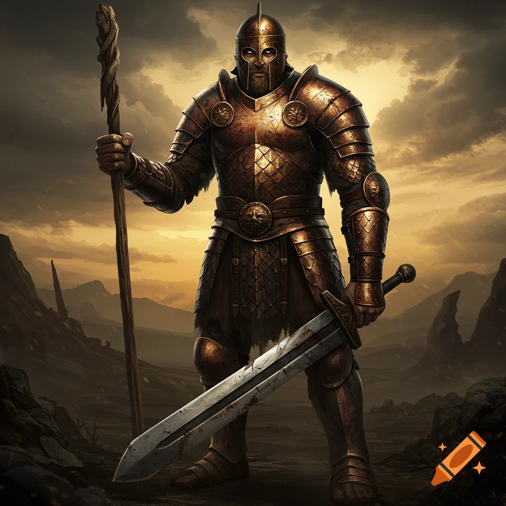 Warrior in bronze scale armor stands in a rocky landscape holding a ...