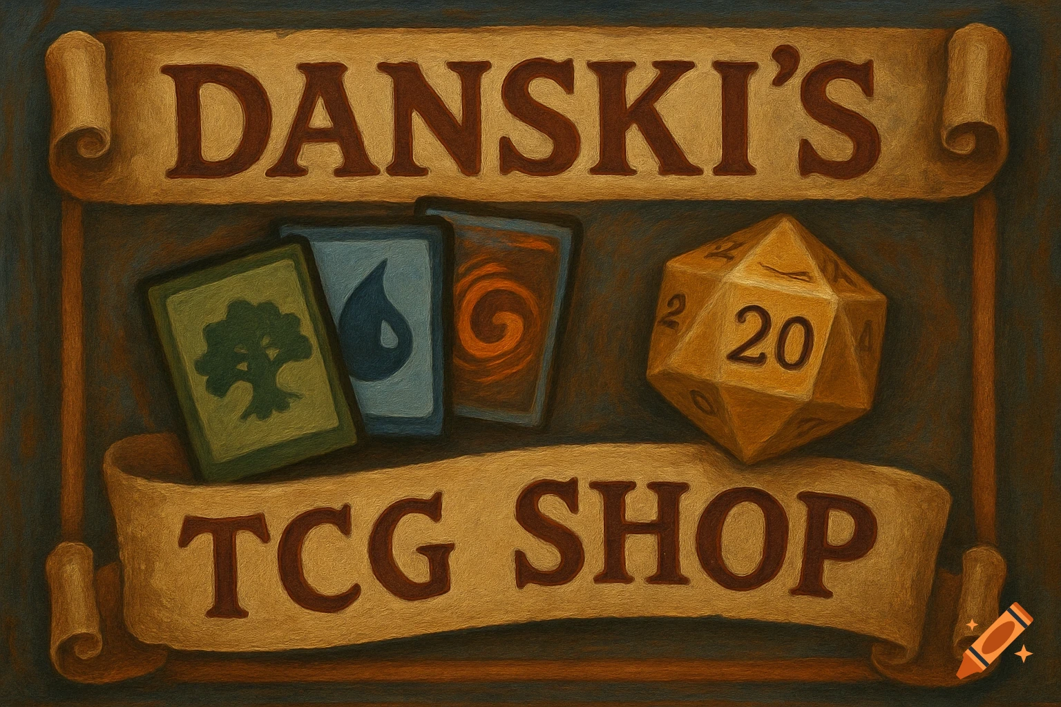 A painterly banner for Danski's TCG Shop featuring trading cards and a 20-sided dice.