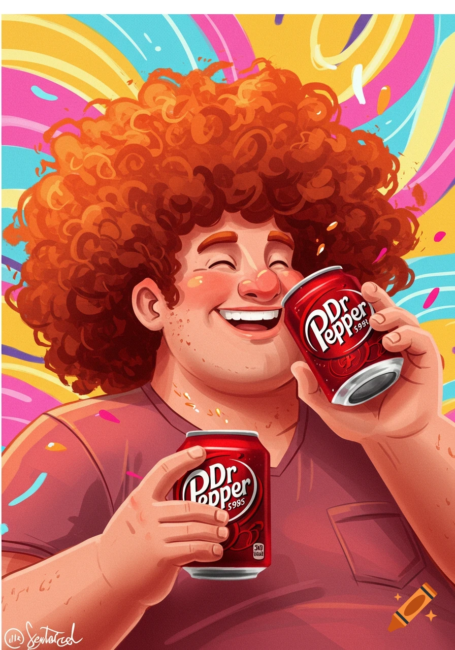Cartoon illustration of a man with red curly hair holding two Dr Pepper cans.