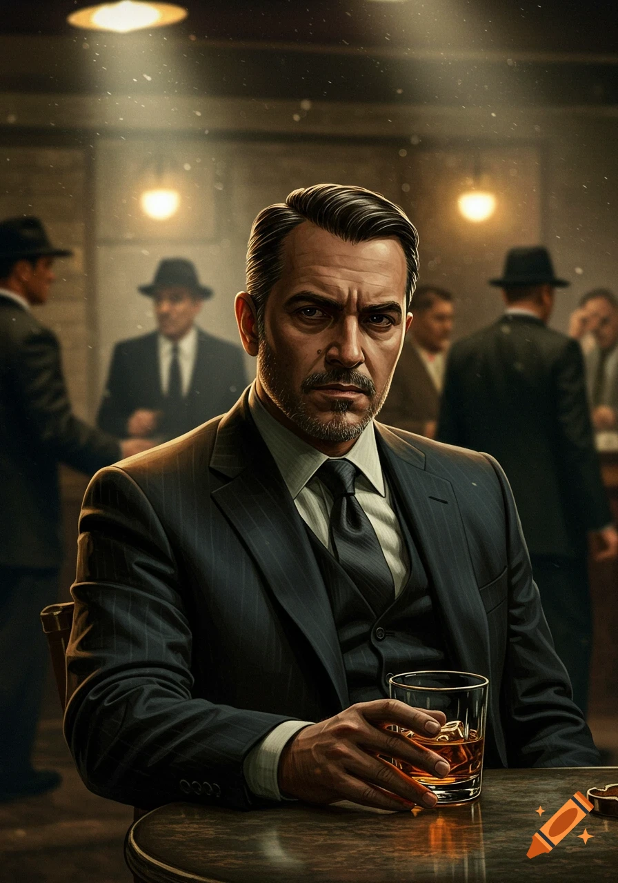 Man in a pinstripe suit sits at a bar with a drink, with blurred figures in the background.