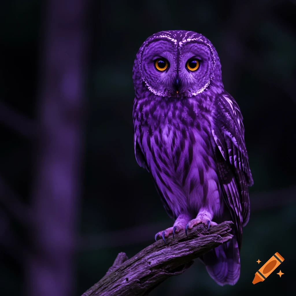 A vibrant purple owl with bright orange eyes sits on a dark branch.