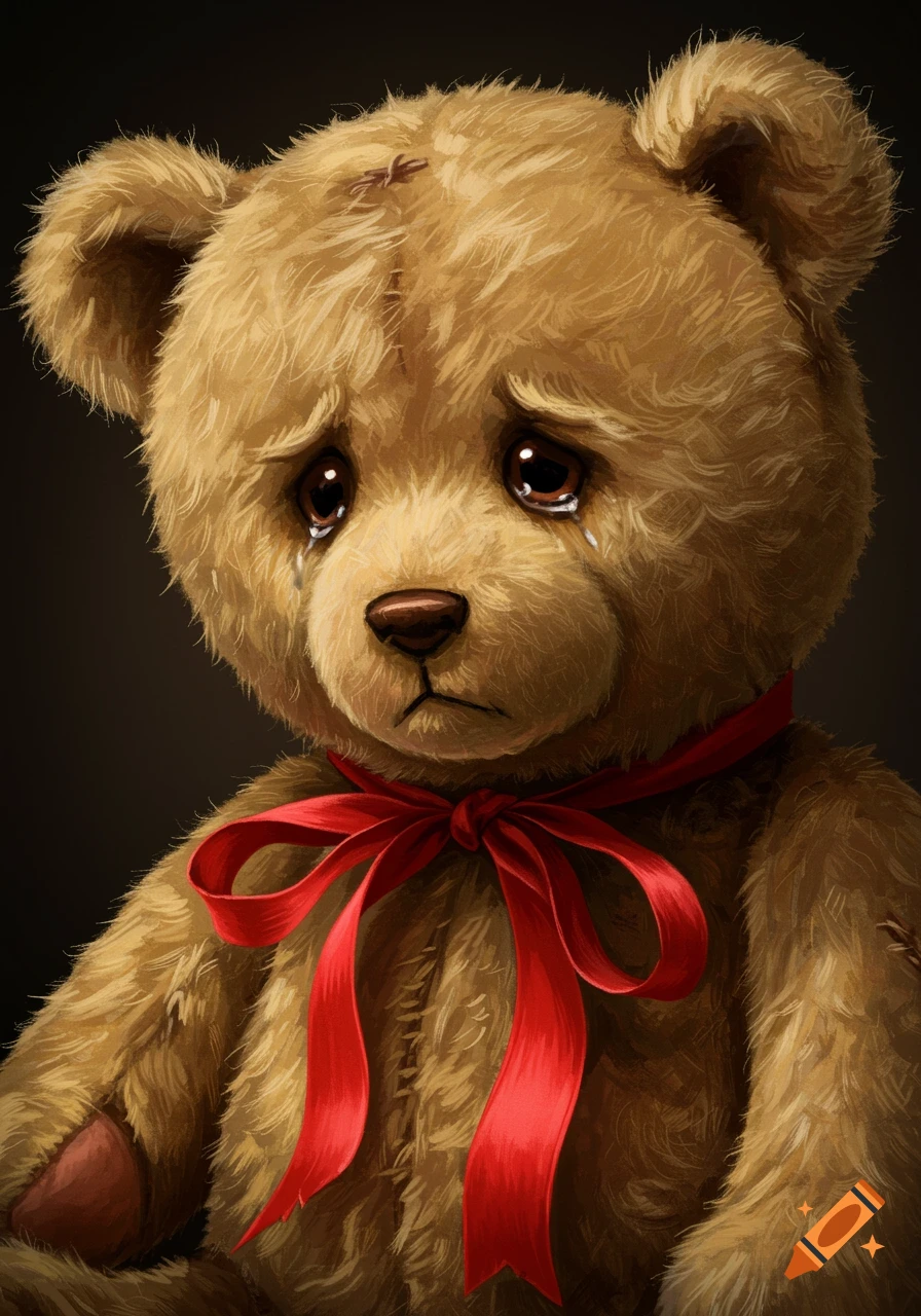 A sad teddy bear with tears in its eyes and a red ribbon tied around its neck.