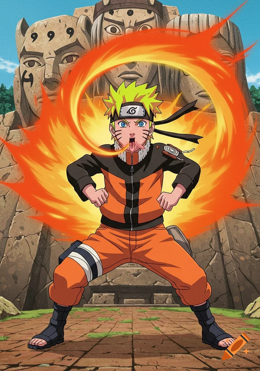 Anime illustration of Naruto Uzumaki in a fighting pose with fire erupting from his mouth, standing in front of large stone faces carved into a mountain.