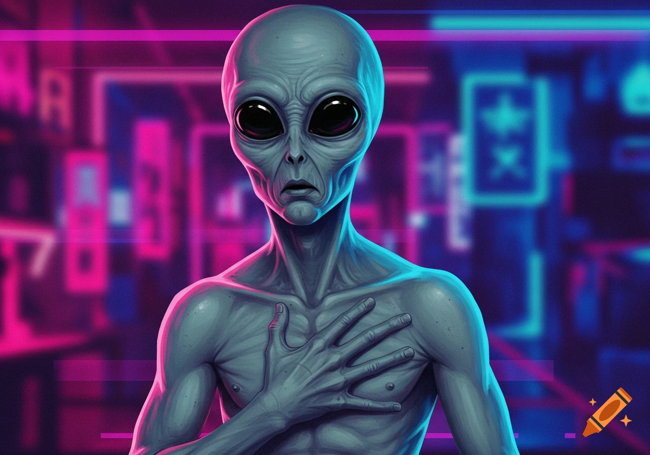 A gray alien with large eyes clutches its chest in a futuristic city with neon lights.