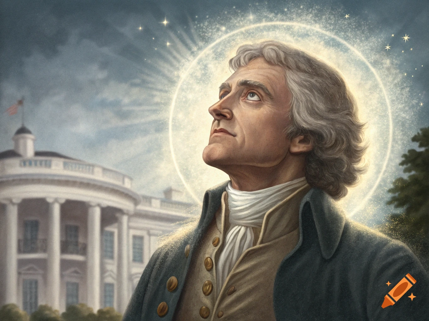 Portrait of Thomas Jefferson with an aura, looking up, in front of the White House.
