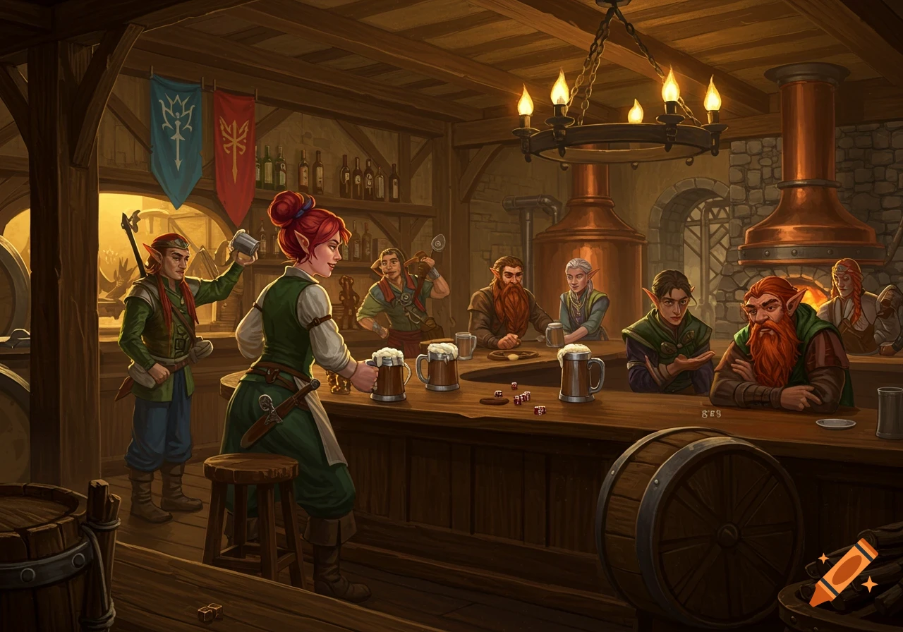 Diverse fantasy characters gather at a bar in a busy tavern, drinking and talking. Digital painting.
