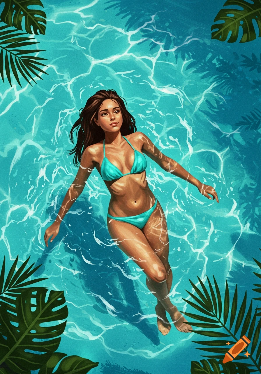 Illustrated overhead view of a woman in a bikini floating in a pool with tropical leaves.