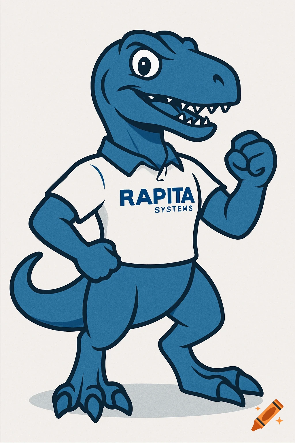 A blue cartoon raptor mascot wearing a white polo shirt with the RAPITA SYSTEMS logo.