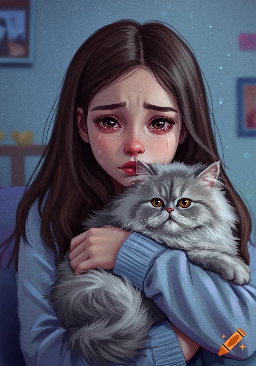 Digital illustration of a young girl crying while holding a fluffy gray cat.