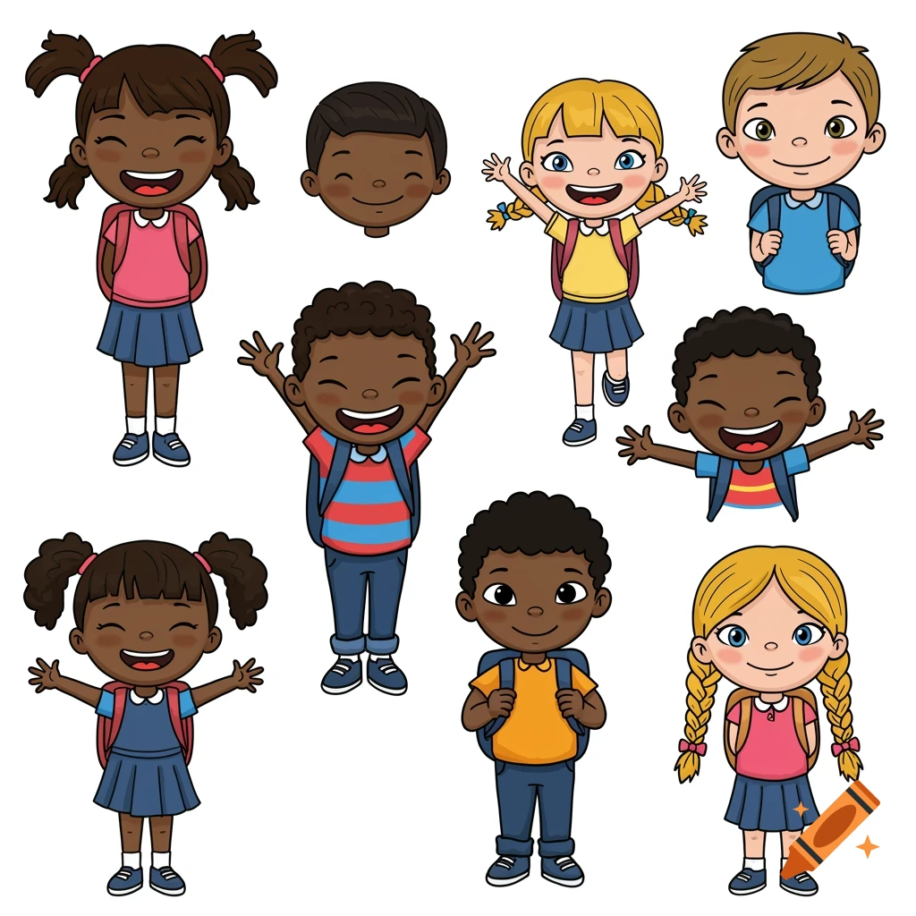 Cartoon illustration of diverse school kids with backpacks.