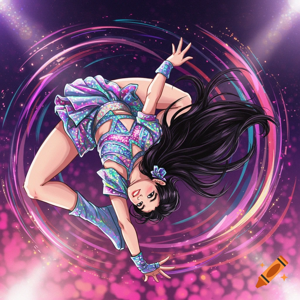 Anime-style drawing of a female dancer doing a backflip on a stage with bright lights and dynamic trails.