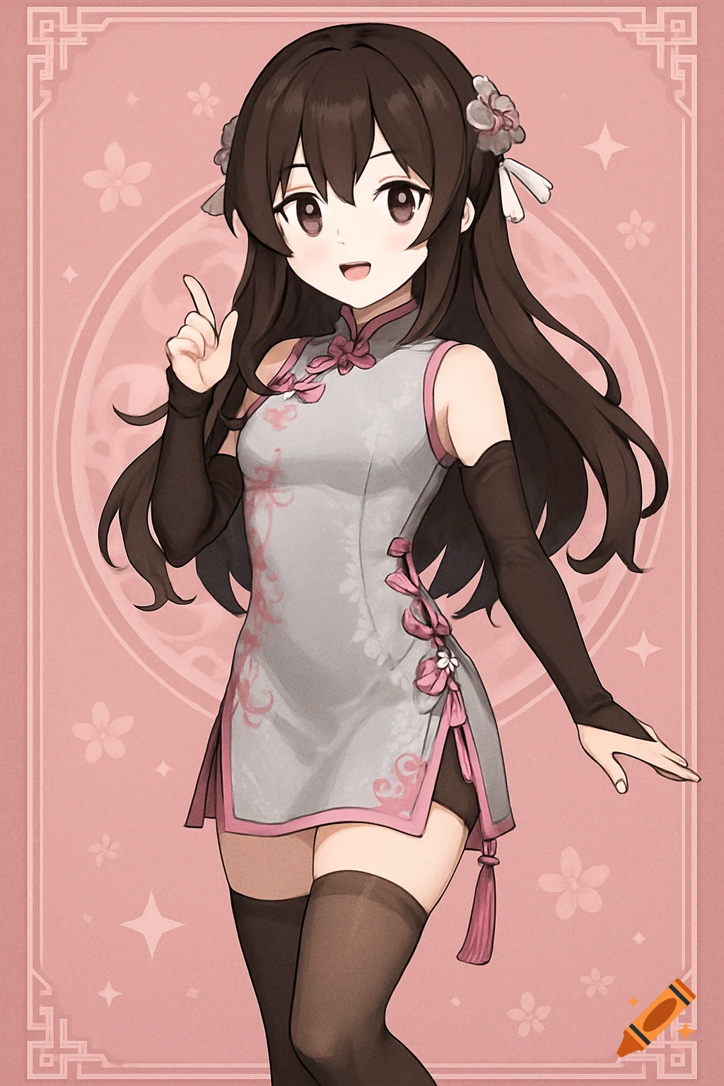 Anime girl with dark brown hair in a silver and pink qipao against a pink background.