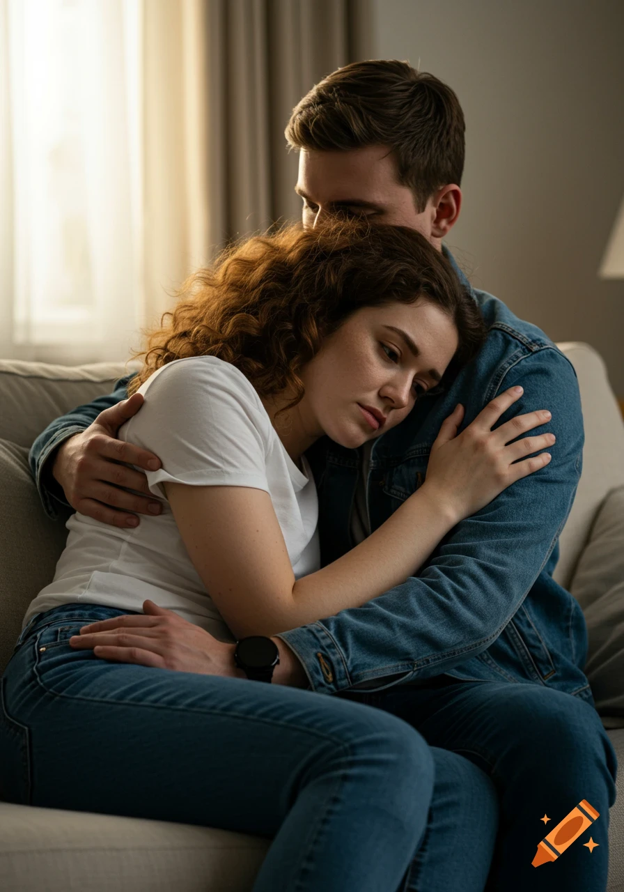 A man hugs a sad woman on a couch, photorealistic