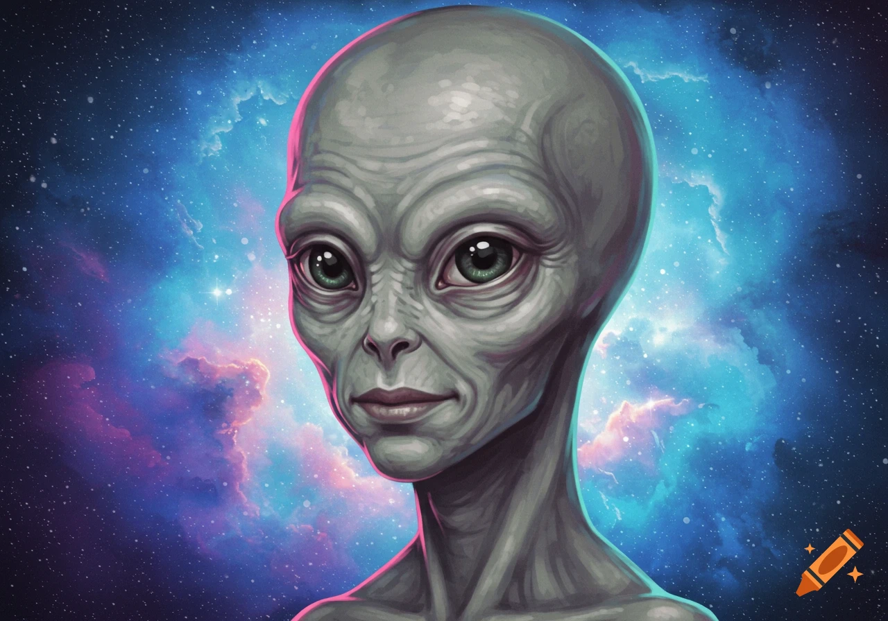 A close-up portrait of a grey alien with large green eyes against a cosmic background of stars and nebulae.