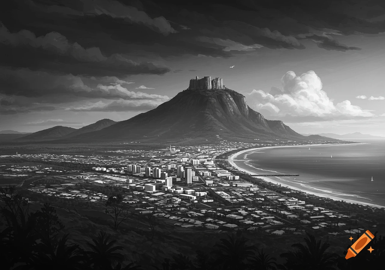 A dramatic black and white illustration of a coastal city overlooked by a mountain topped with a castle, under cloudy skies.