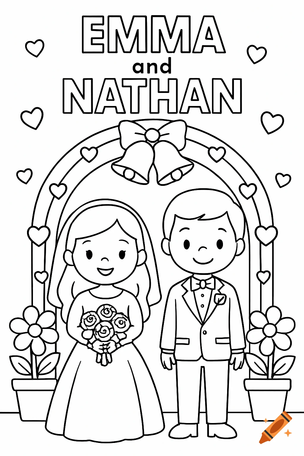 Coloring page of a bride and groom standing under an arch with bells, hearts, and flowers. Text reads EMMA and NATHAN.