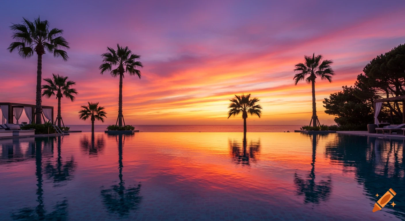 An infinity pool reflects a vibrant sunset sky with palm trees silhouetted.