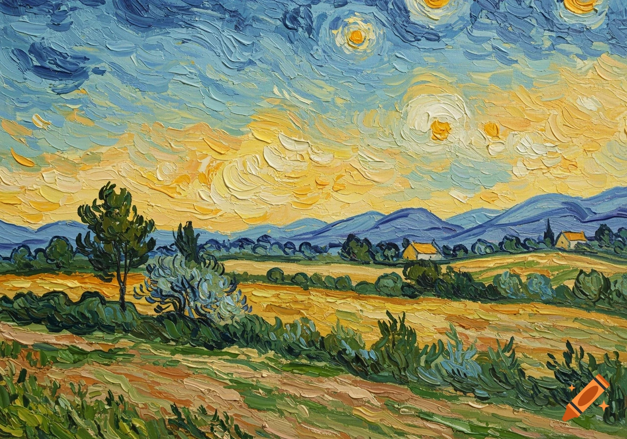 A landscape painting in Van Gogh style with a field, trees, houses, and a swirling sky.