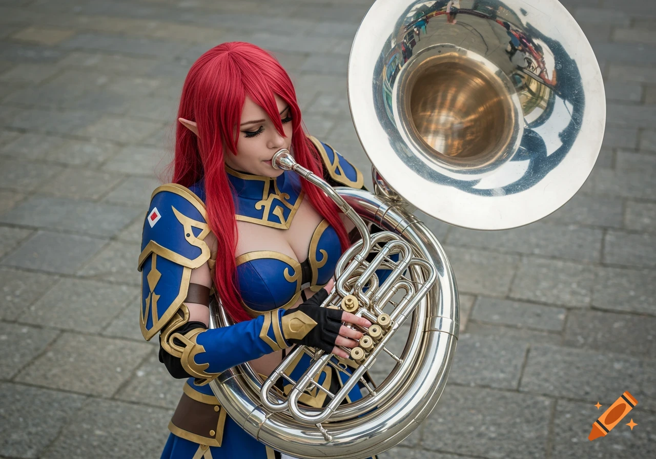A woman in fantasy cosplay with red hair and elf ears plays a large tuba.