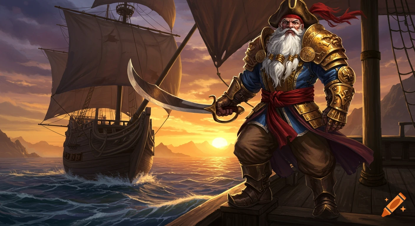 An armored pirate with a long white beard stands on the deck of a ship at sunset.