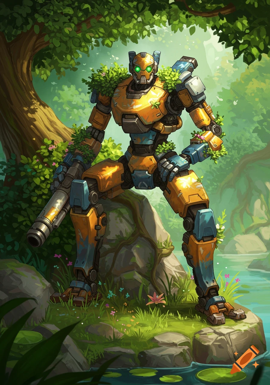 Orange and blue robot covered in plants standing on a rock in a forest by a pond, illustration.