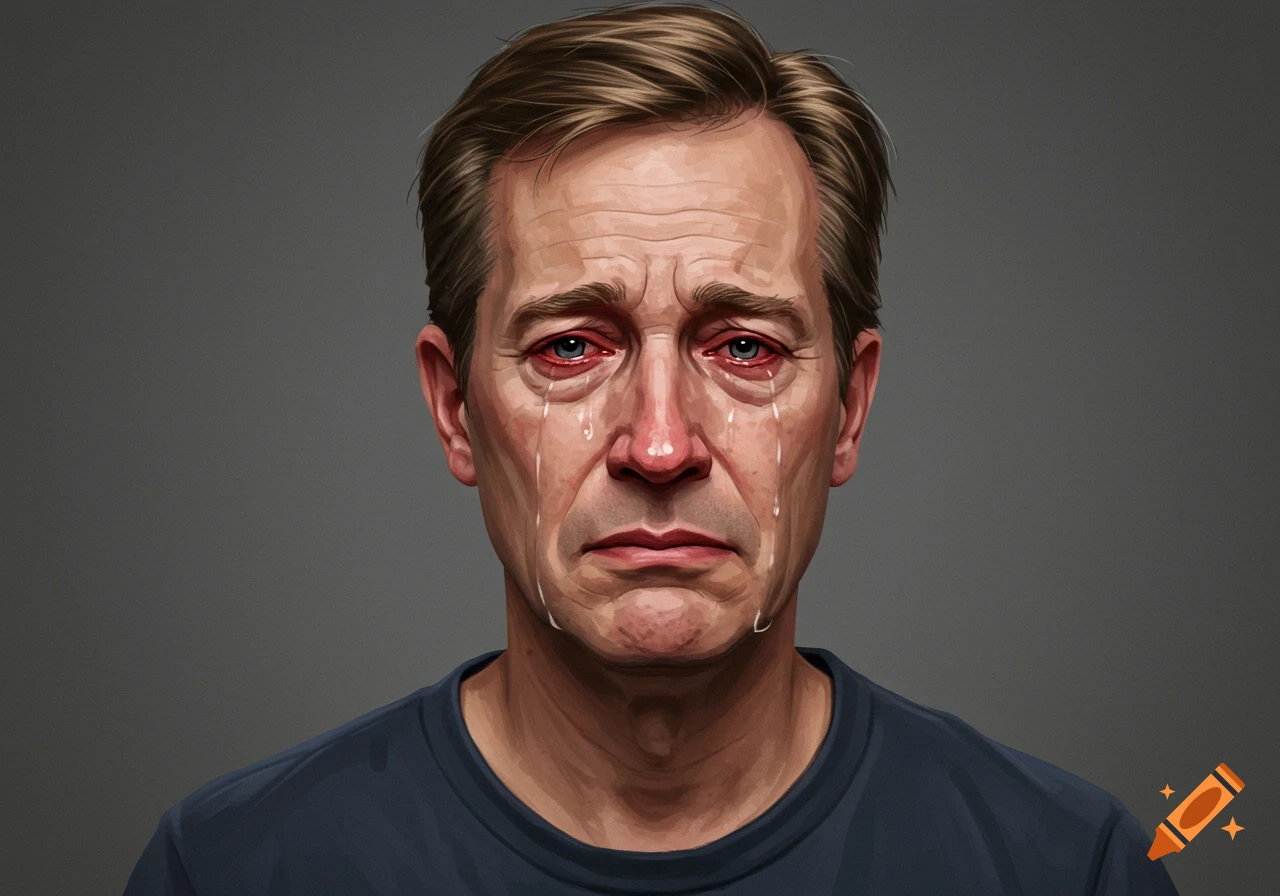 Close-up illustrative portrait of a middle-aged man crying with red eyes.