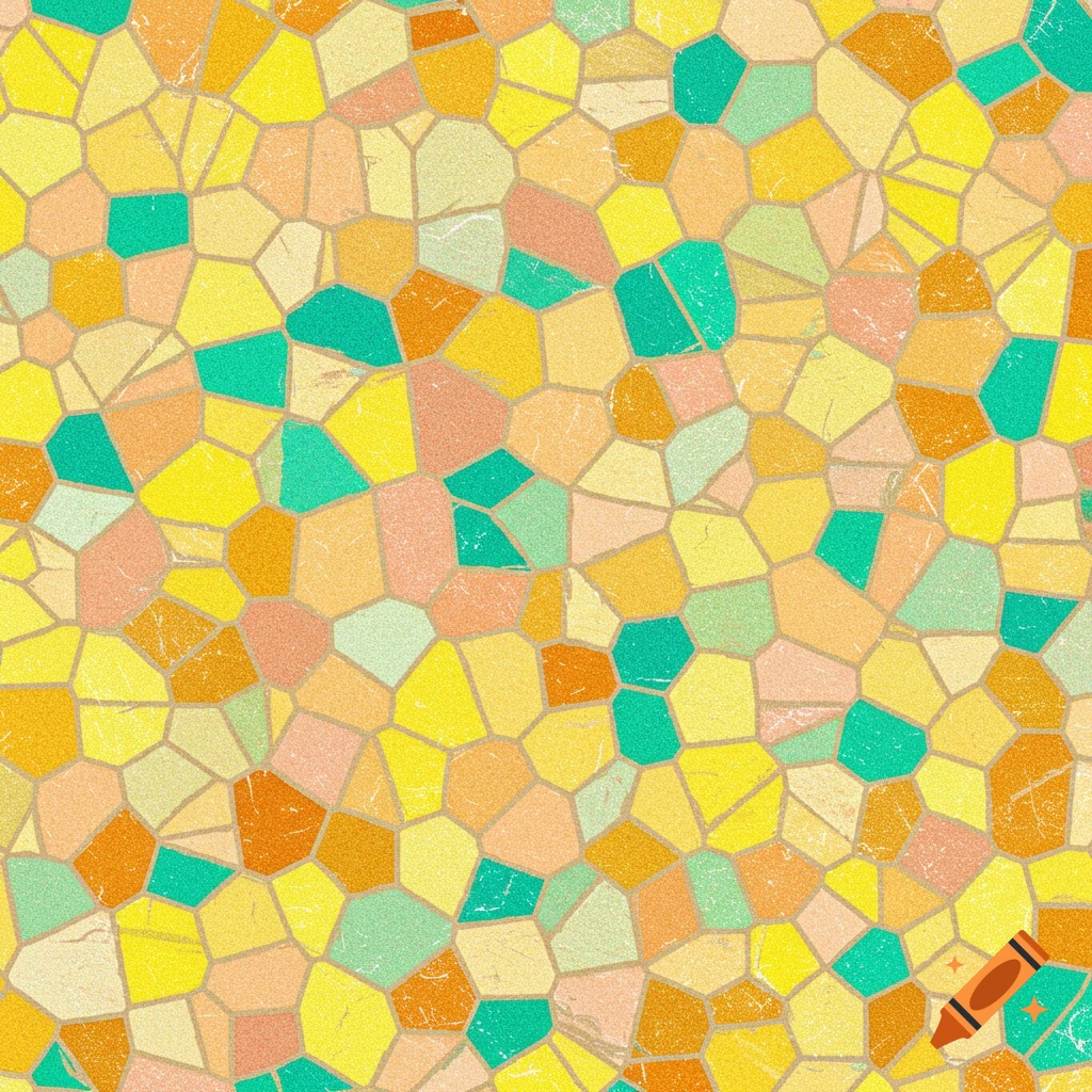 Colorful abstract mosaic pattern with bright yellow, orange, teal, and green tiles.