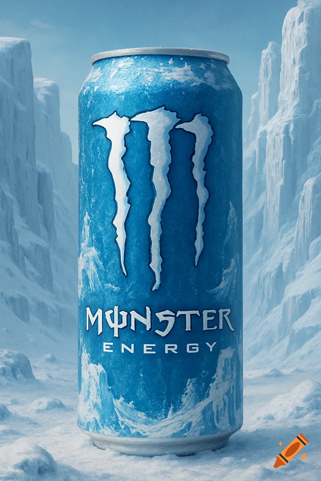 A blue Monster Energy can covered in frost in a snowy landscape with icy cliffs.
