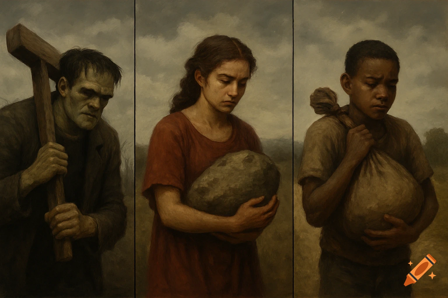 Triptych painting of three figures: a man with a hammer, a woman holding a rock, a young man with a sack, in a somber landscape.