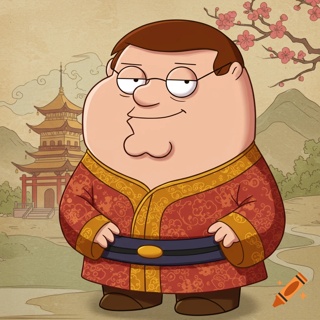 Peter Griffin cartoon character wearing a traditional red and gold Chinese robe in front of a landscape with a pagoda and cherry blossoms.