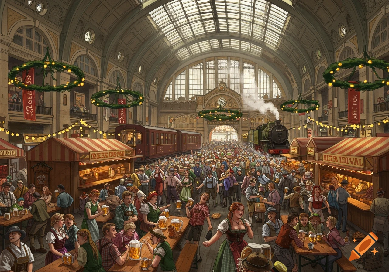 A crowded beer festival is held inside a large, grand railway station ...
