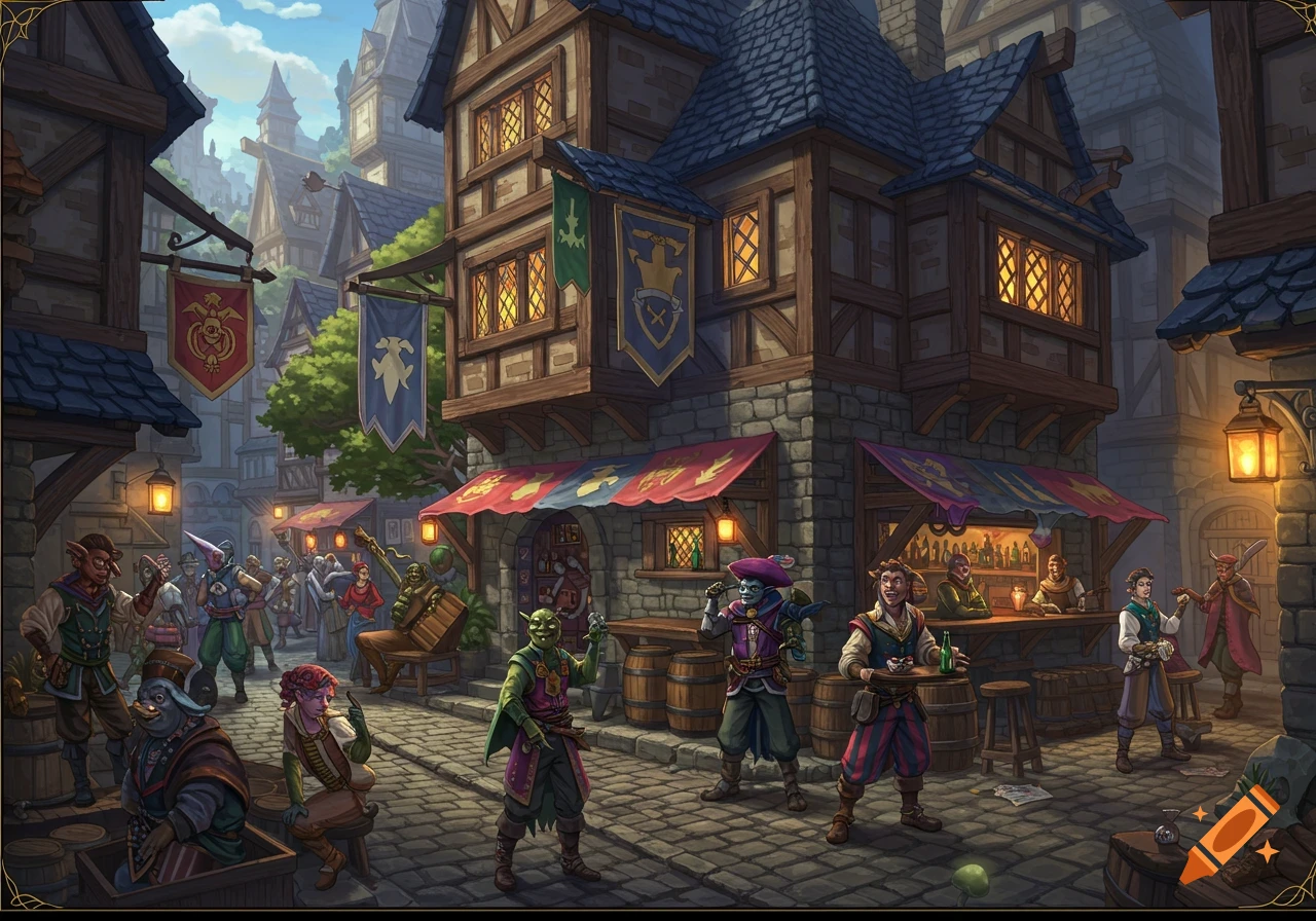 Fantasy town street scene with diverse creatures, tavern, and medieval buildings.