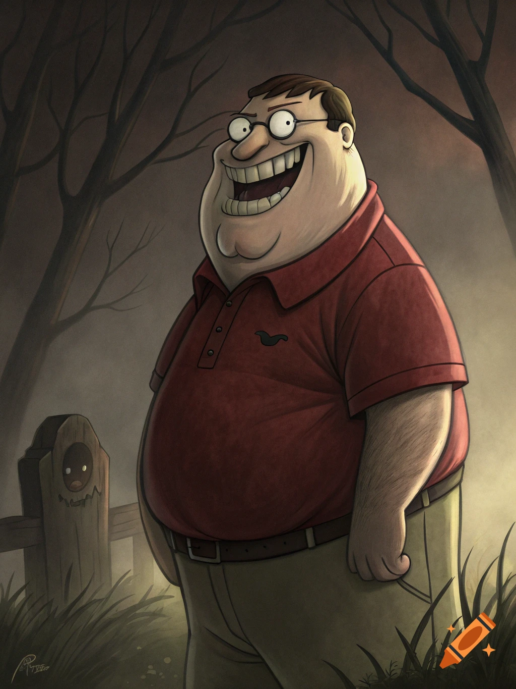 Peter Griffin laughing manically in a dark, spooky forest.