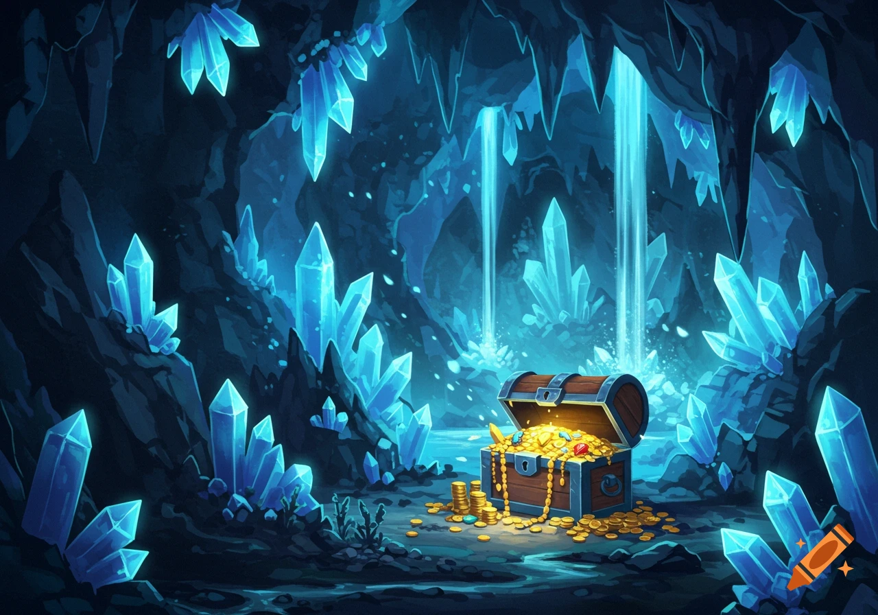 An illustrated fantasy cave filled with glowing blue crystals, a waterfall, and an open treasure chest overflowing with gold.