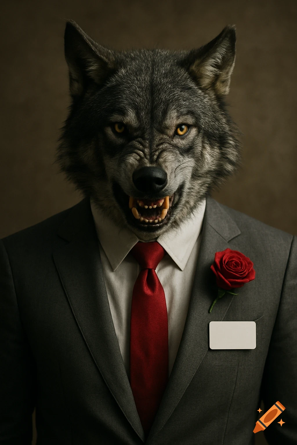 Portrait of an angry wolf wearing a grey suit, red tie, and red rose lapel pin.